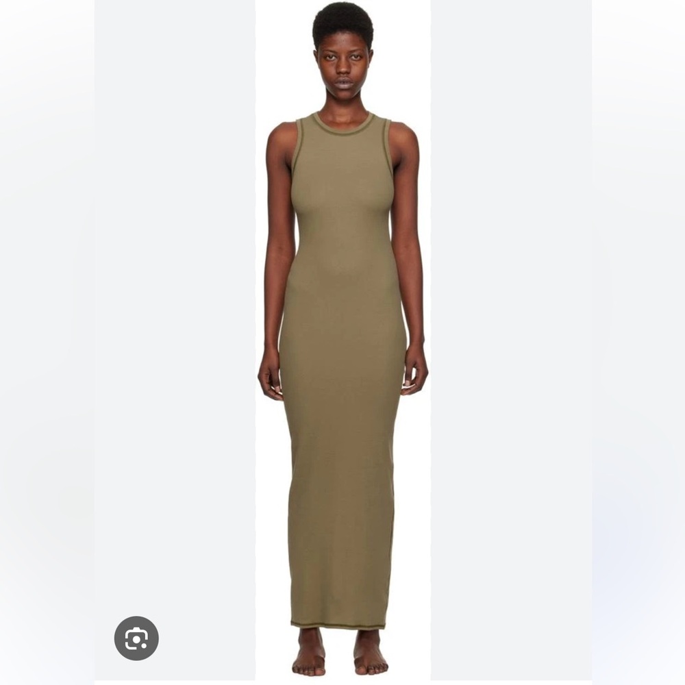 Skims Cotton Rib Sleeveless Dress in Khaki Army Green
